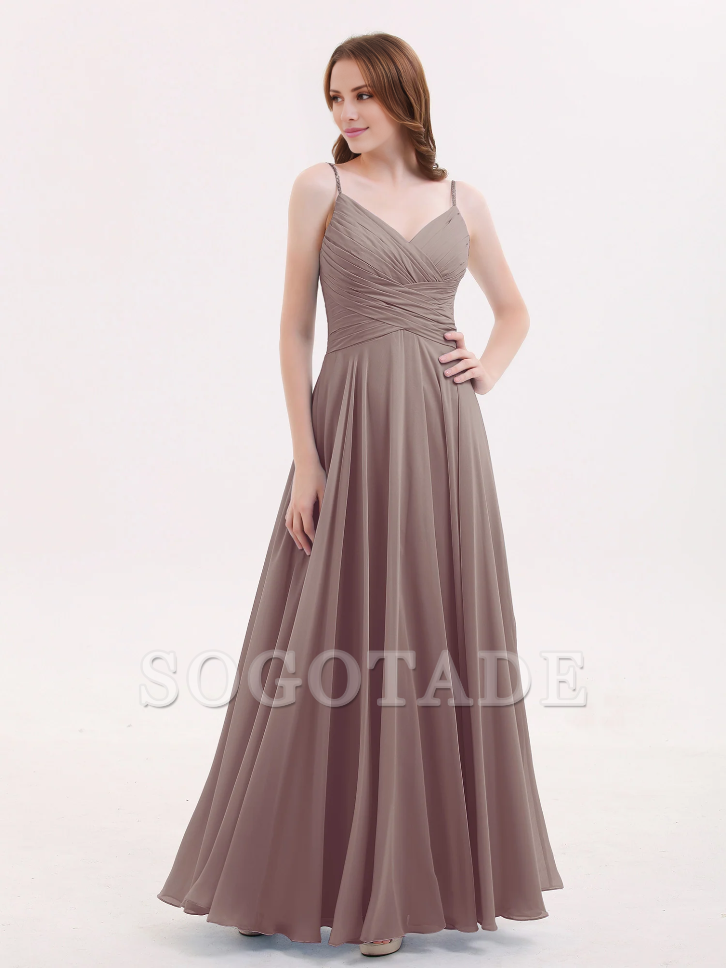 V-neck Fine Shoulder Strap Floor Length Chiffon Bridesmaid Dresses Online
