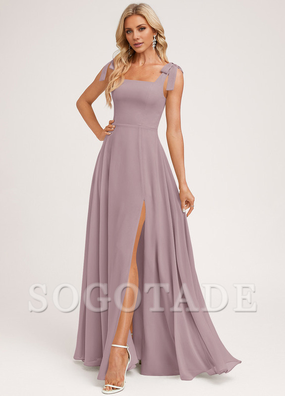 A-shaped square bow landing chiffon bridesmaid dress