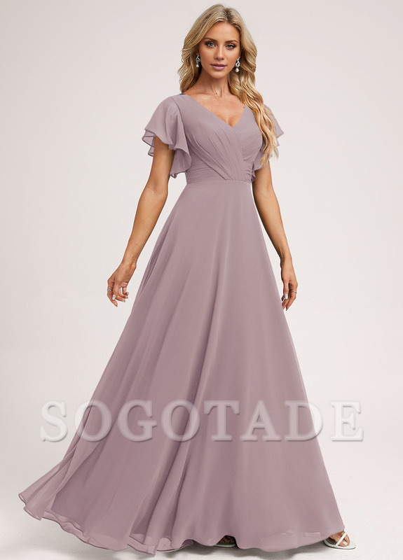 Ruffle A-line V-neck and floor chiffon bridesmaid dress