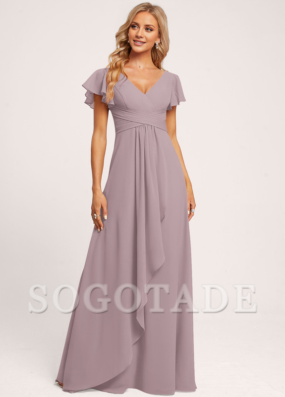 Ruffle A-line V-neck and floor chiffon bridesmaid dress
