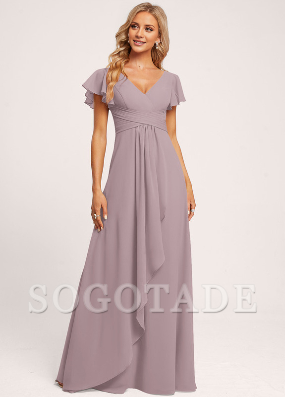 Ruffle A-line V-neck and floor chiffon bridesmaid dress