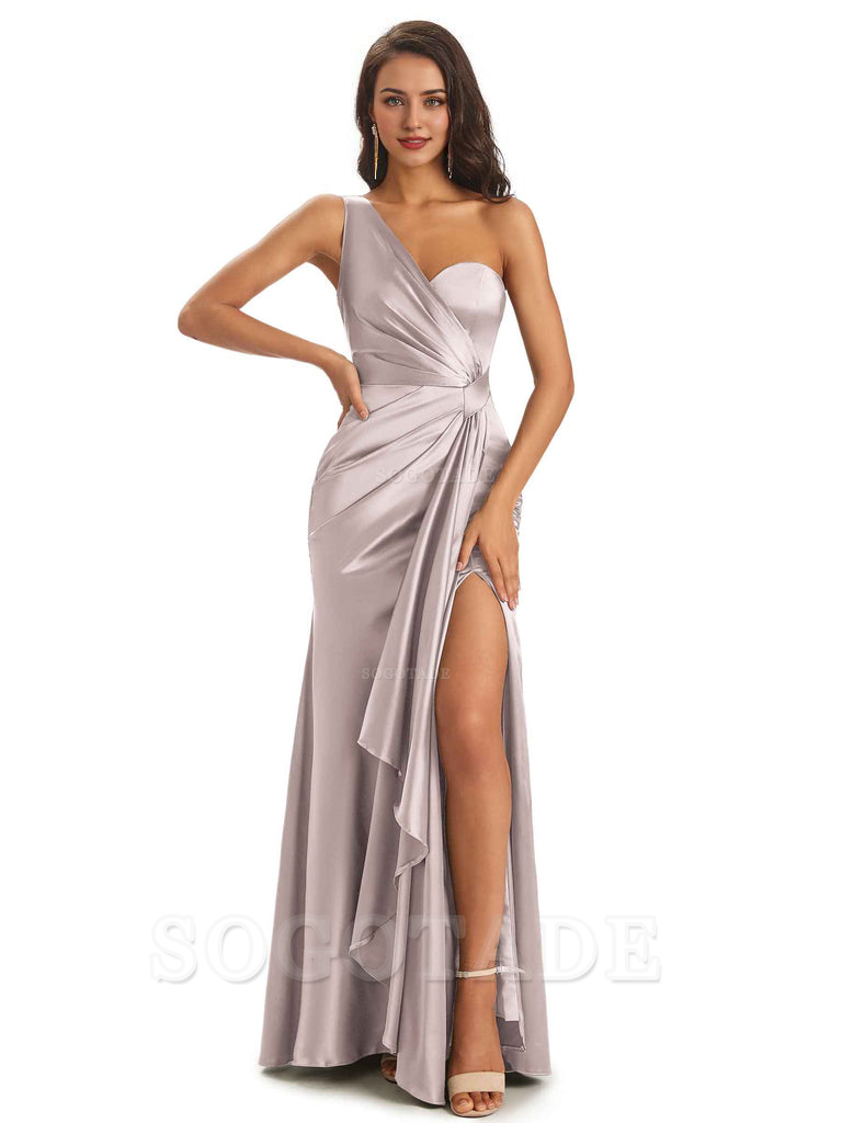 Elegant Soft Satin Side Slit One Shoulder Unique Mermaid Bridesmaid Dresses Online prom dresses shops