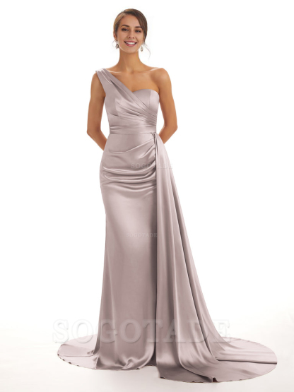 Elegant One Shoulder Soft Satin Unique Mermaid Long Bridesmaid Dresses Online prom dresses shops