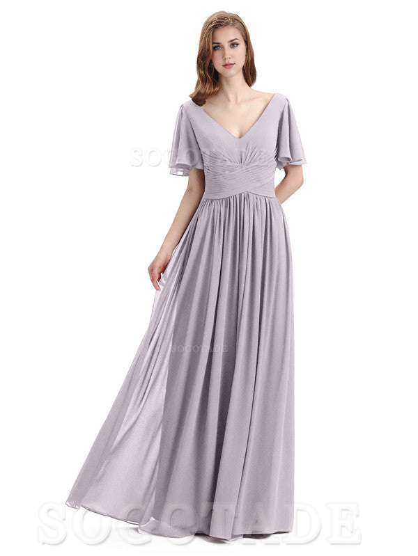 A-Line Chiffon Short Sleeves Elegant Floor-Length Bridesmaid Dresses Formal Women's Dresses Wedding Guests Dresses