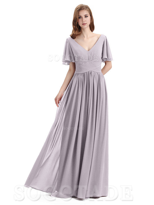 A-Line Chiffon Short Sleeves Elegant Floor-Length Bridesmaid Dresses Formal Women's Dresses Wedding Guests Dresses