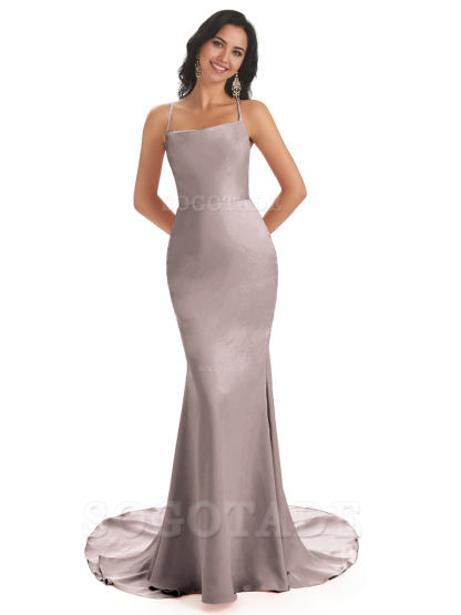 Mermaid Spaghetti Backless Straps Satin Long formal dresses evening gown Bridesmaid Dresses