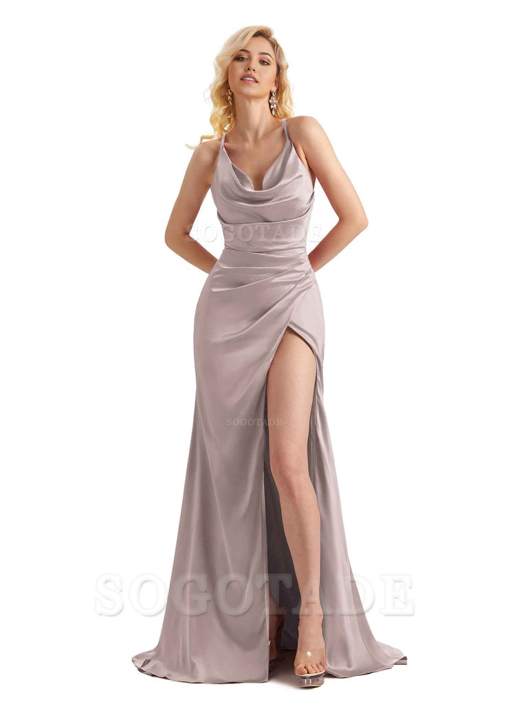 Sheath Cowl Neck Satin formal dresses evening gown Bridesmaid Dresses With Side Slit 