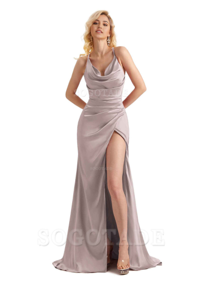 Sheath Cowl Neck Satin formal dresses evening gown Bridesmaid Dresses With Side Slit 