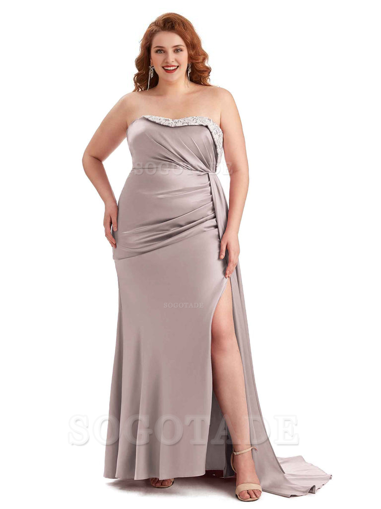 Sexy Side Slit Strapless Mermaid Lace Soft Satin Long Plus Size Maid of Honor Dresses