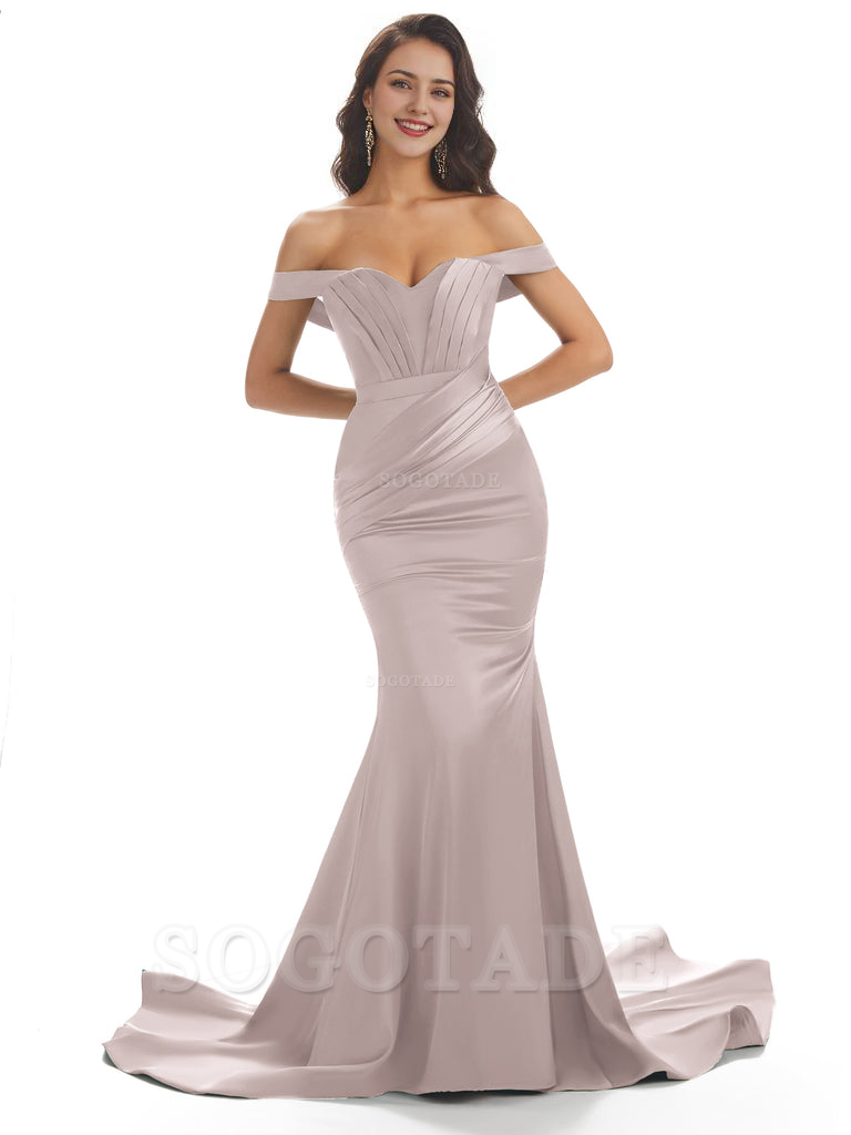 Sexy Mermaid Off The Shoulder Floor-Length Long Soft Satin Bridesmaid Dresses Online prom shop dresses