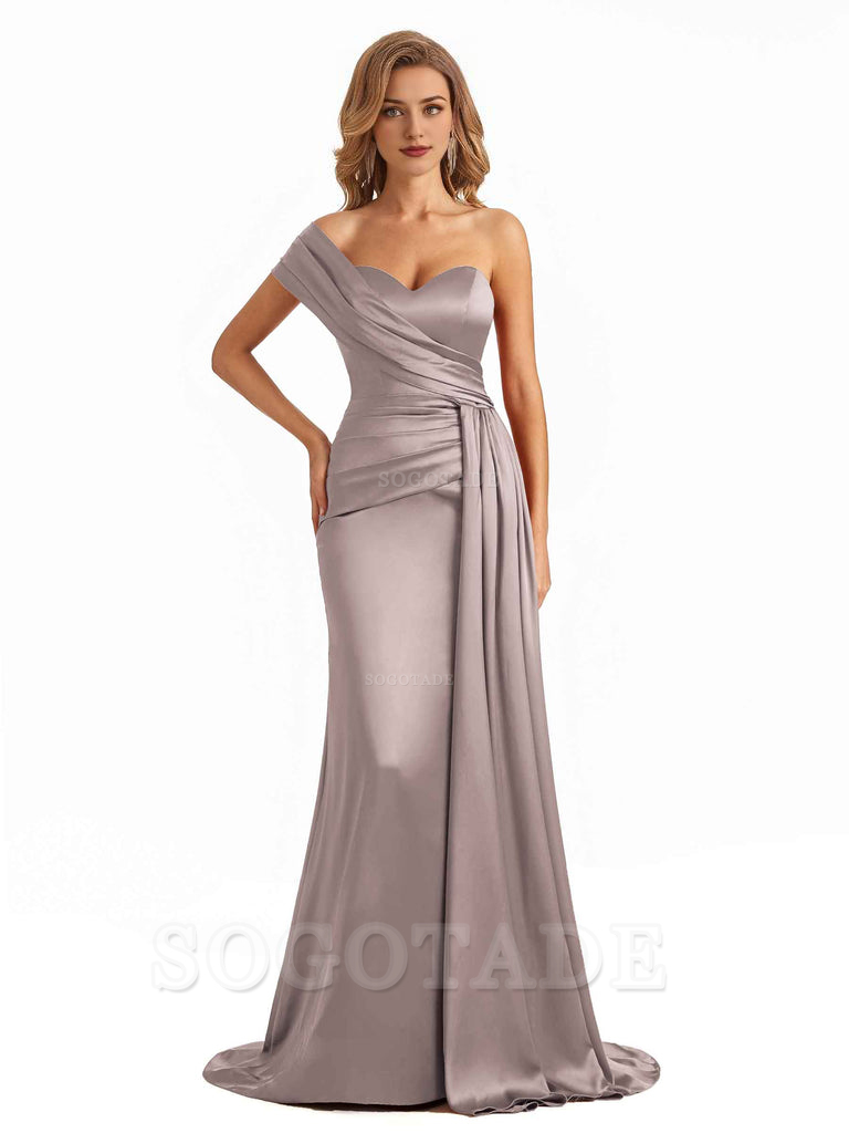 Elegant One Shoulder Soft Satin Long Mermaid Bridesmaid Dresses Online prom shop dresses ﻿