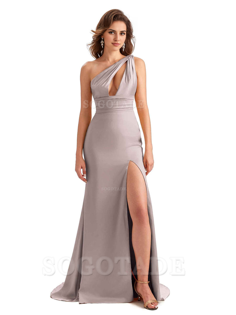 Charming Sexy Unique Side Slit Mermaid Silky One Shoulder Long Bridesmaid Dresses Formal Women's Dresses Wedding Guests Dresses
