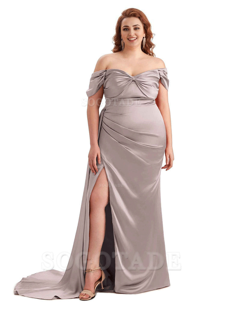  Sexy Side Slit Off The Shoulder Mermaid Soft Satin Long Plus Size Bridesmaid Dress For Wedding