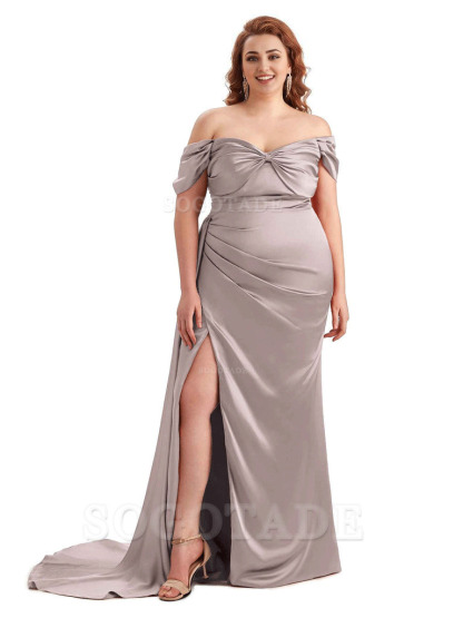  Sexy Side Slit Off The Shoulder Mermaid Soft Satin Long Plus Size Bridesmaid Dress For Wedding