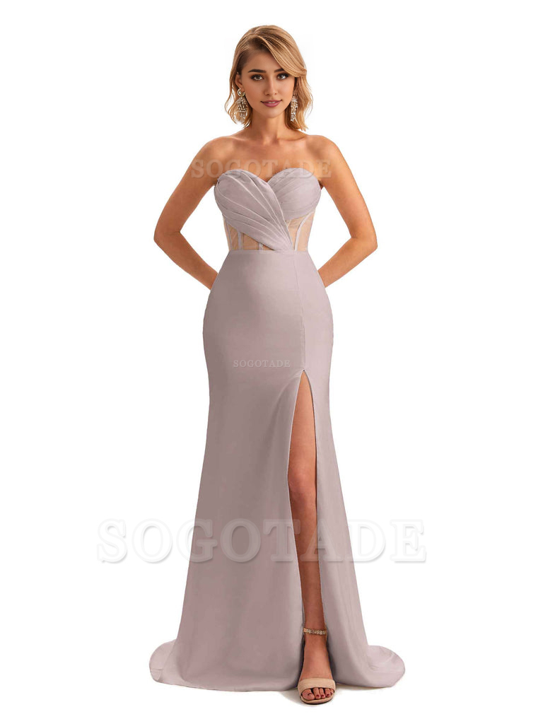Sexy Sweetheart Strapless Side Slit Mermaid Soft Satin Unique Long Bridesmaid Dress For Wedding