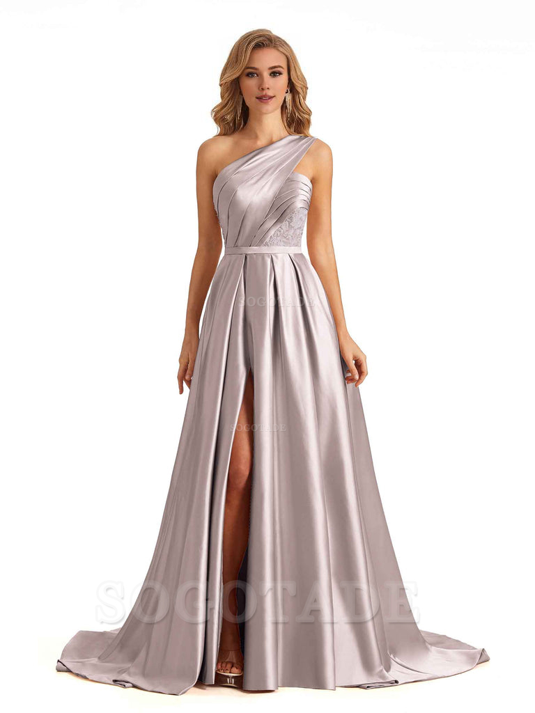 Sexy Side Slit One Shoulder A-Line Soft Satin Long Bridesmaid Dresses Online prom dress in store