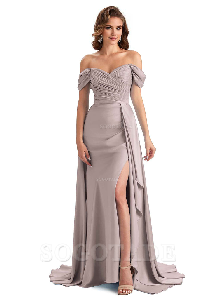 Sexy Side Slit Mermaid Soft Satin Off The Shoulder Long Unique Bridesmaid Dresses prom dress in store