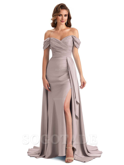 Sexy Side Slit Mermaid Soft Satin Off The Shoulder Long Unique Bridesmaid Dresses prom dress in store