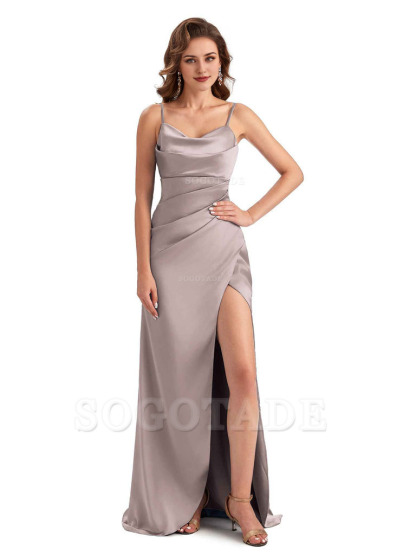 Soft Satin Side Slit Spaghetti Straps Sexy Wedding Bridesmaid Dresses