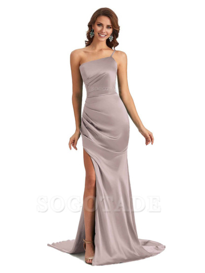 Sexy Silky Satin Side Slit One Shoulder Unique Long Wedding Guest Maxi Dresses