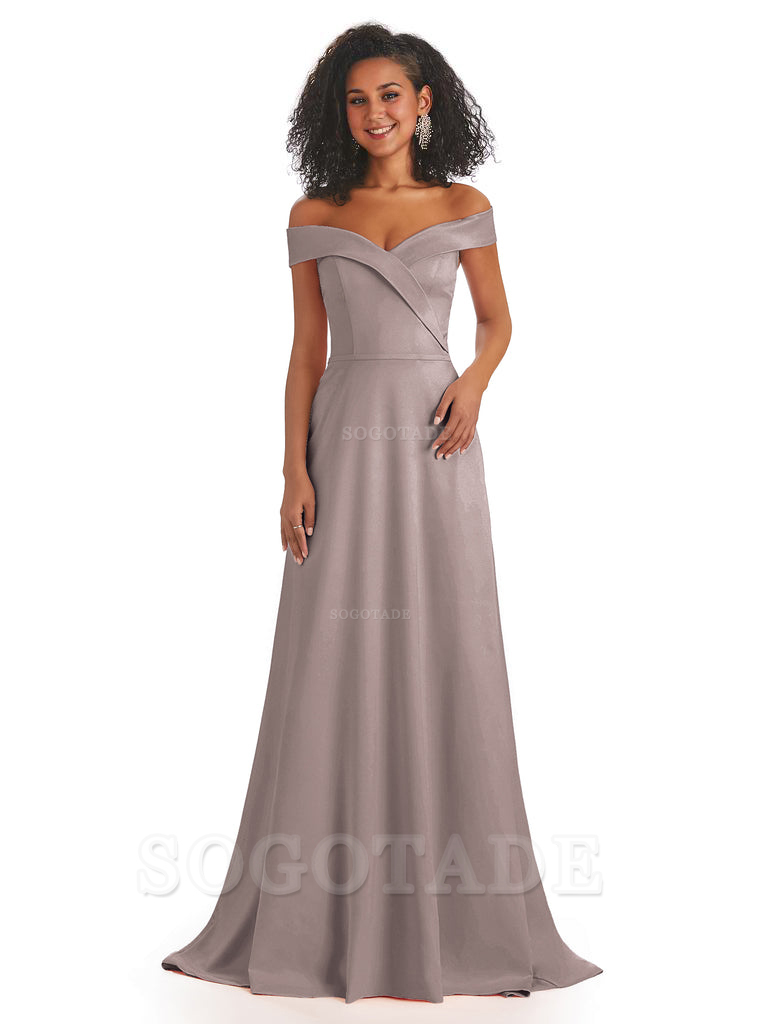 Soft Satin Off The Shoulder Long A-Line African Bridesmaid Dresses prom dress stores ﻿