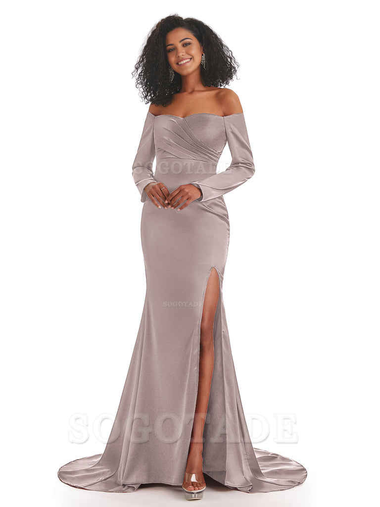 Mermaid Long Sleeve Satin formal dresses evening gown Bridesmaid Dresses With Side Slit 