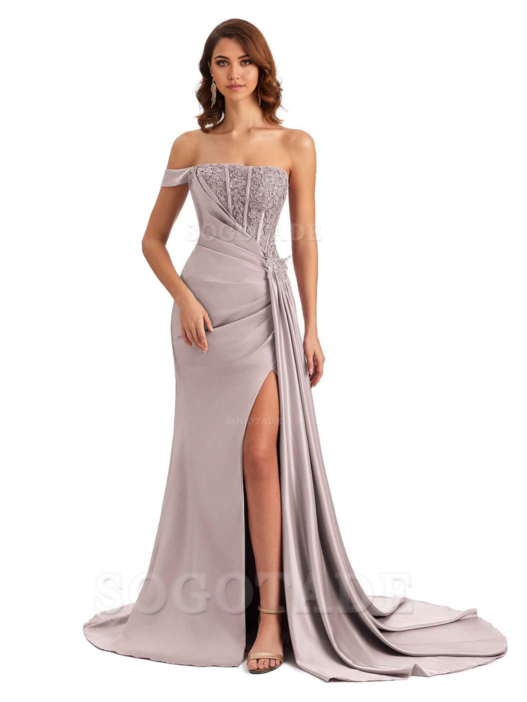 Mermaid Off Shoulder Applique formal dresses evening gown Bridesmaid Dresses With Side Slit 