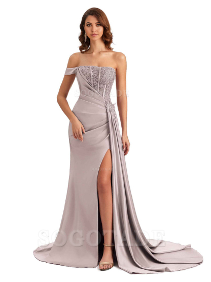 Mermaid Off Shoulder Applique formal dresses evening gown Bridesmaid Dresses With Side Slit 
