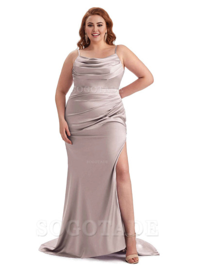 Sexy Jewel Side Slit Mermaid Soft Satin Long Plus Size Bridesmaid Dress For Wedding