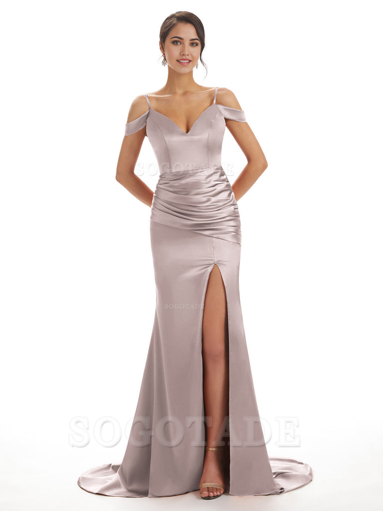 Mermaid Off The Shoulder Satin formal dresses evening gown Bridesmaid Dresses With Side Slit 