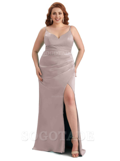 Sexy Side Slit Spaghetti Straps Mermaid Soft Satin Long Plus Size Maid of Honor Dresses
