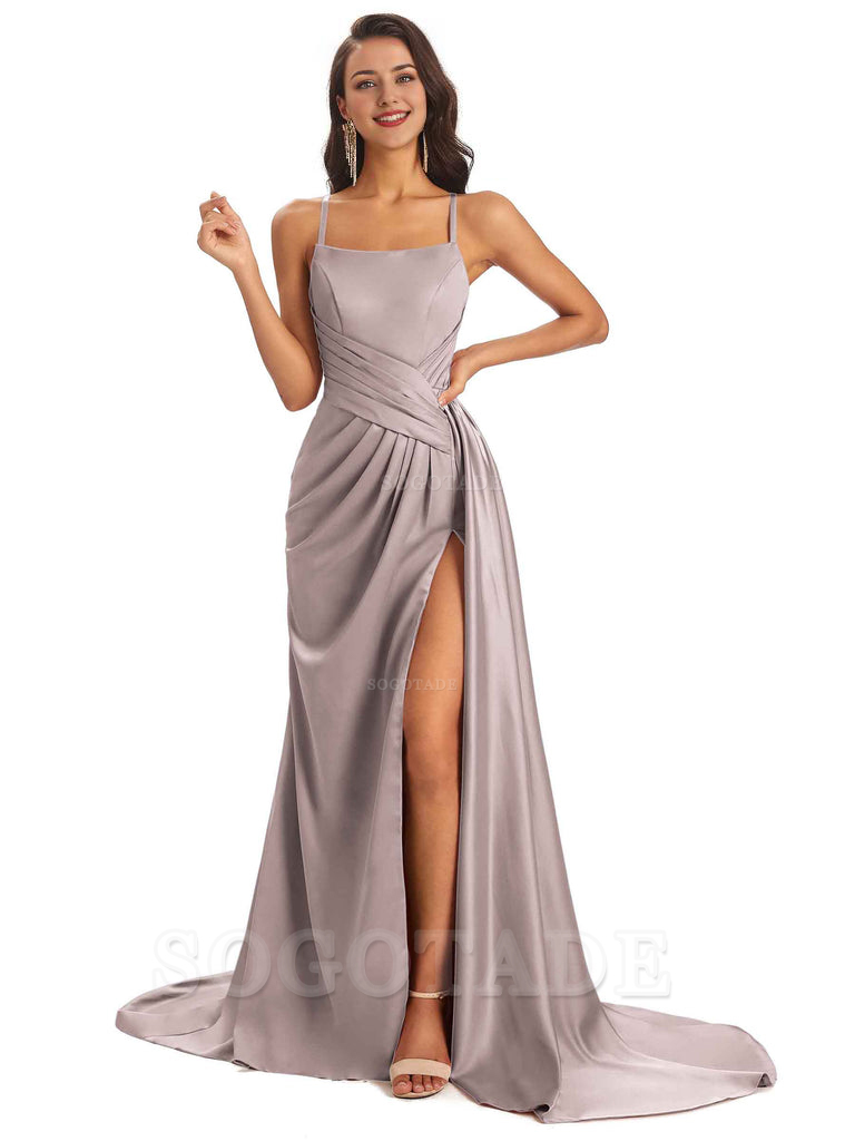 Sexy Soft Satin Side Slit Spaghetti Straps Long Maxi Bridesmaid Dresses prom shop dresses