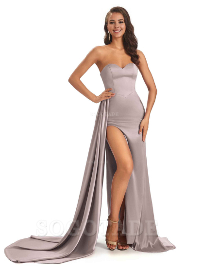 Sexy Soft Satin Sweetheart Side-Slit Unique Long Mermaid Bridesmaid Dresses prom shop dresses