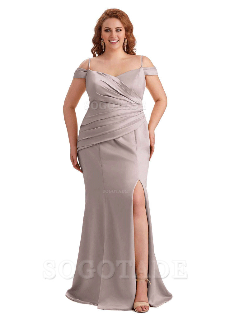 Elegant Cold Shoulder Side Slit Mermaid Soft Satin Long Plus Size Bridesmaid Gowns