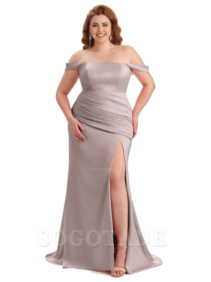  Sexy Off Shoulder Side Hight Slit Sleeveless Mermaid Soft Satin Long Plus Size Bridesmaid Dress For Wedding