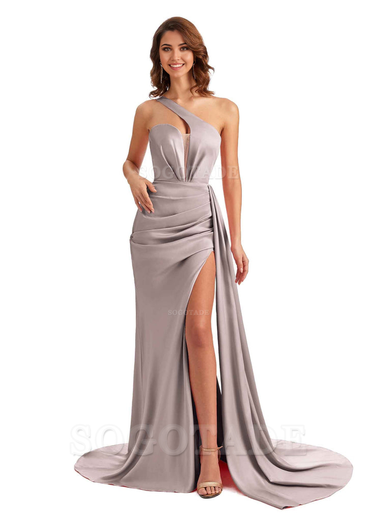Mermaid One Shoulder Satin formal dresses evening gown Bridesmaid Dresses With Side Slit