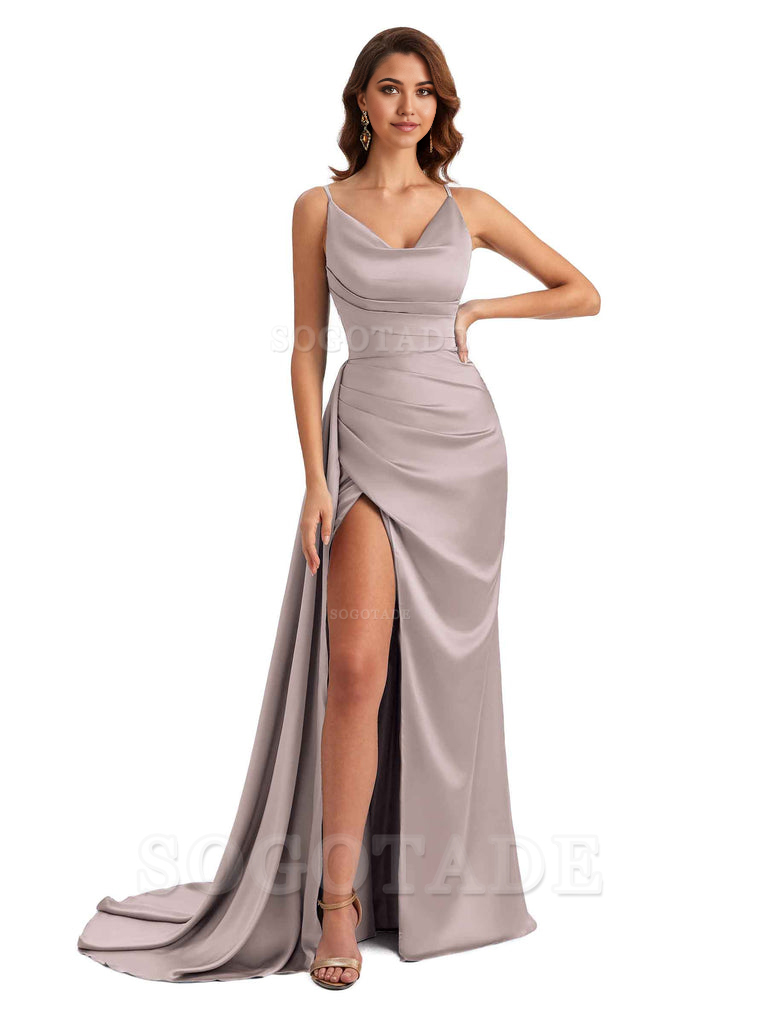 Mermaid Cowl Spaghetti Satin formal dresses evening gown Bridesmaid Dresses With Side Slit
