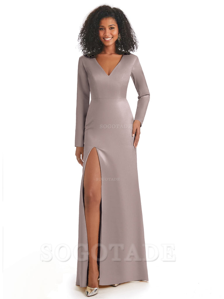 Soft Satin Side Slit Long Sleeves V-Neck Long African Mermaid Bridesmaid Dresses Elegant Evening Party Dress