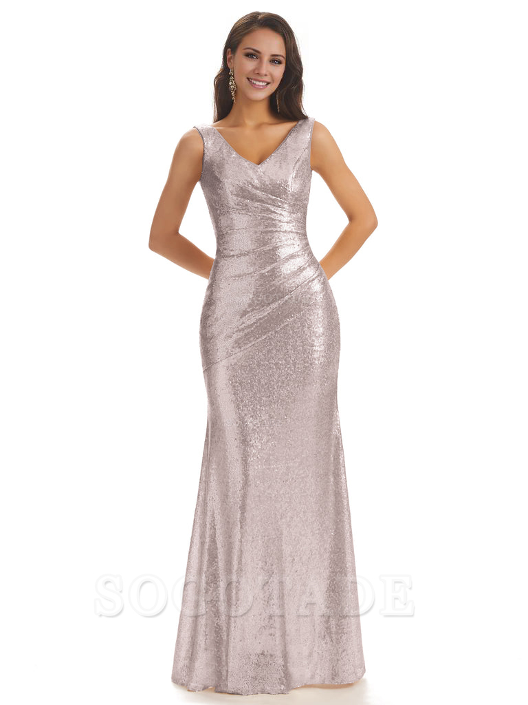 Sexy Sequin V-Neck Sparkly Long Mermaid Bridesmaid Dresses Charming Evening Party Dress