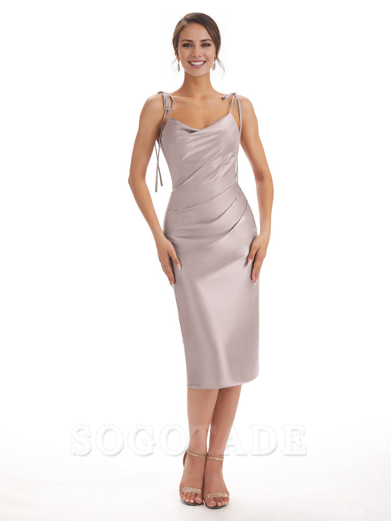 Tea Length Midi Short Bridesmaid Dresses Spaghetti Straps Satin Elegant Evening Party Dress