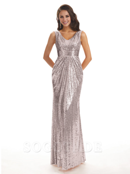 Sparkly V-Neck Sequin Long Mermaid Bridesmaid Dresses Sleeveless Charming Evening Party Dress