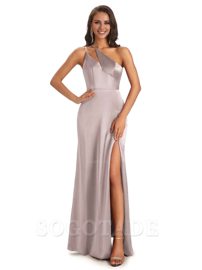 Sexy Soft Satin Side Slit One Shoulder Floor-Length Mermaid Long Bridesmaid Dresses Elegant Evening Party Dress