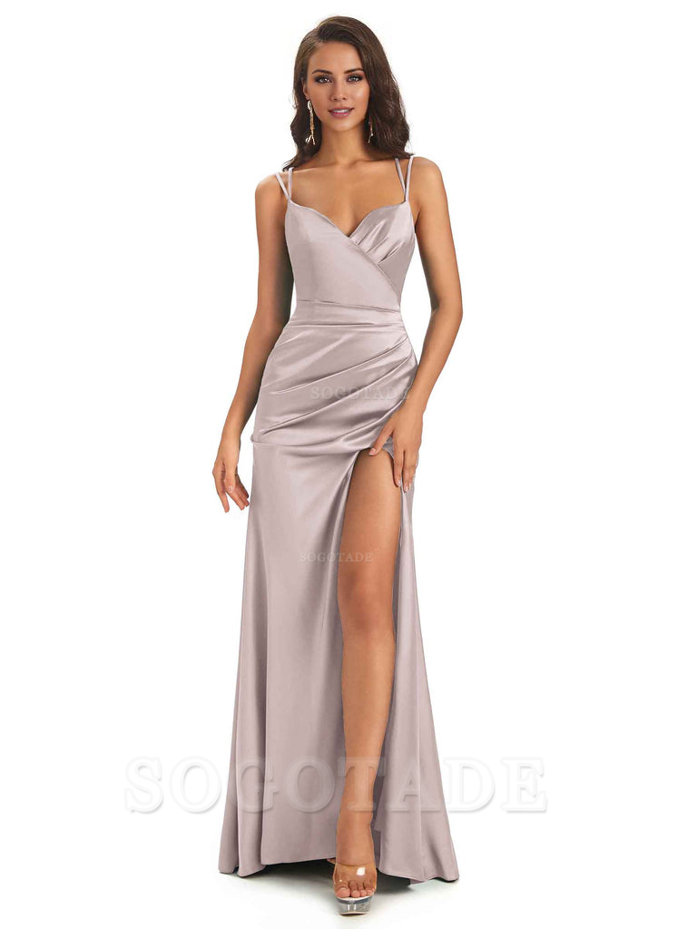 Sexy Soft Satin Side Slit Spaghetti Straps Long Maxi Mermaid Bridesmaid Dresses Elegant Evening Party Dress