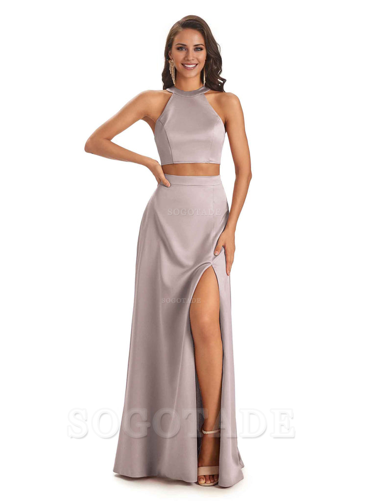 Soft Satin Two-Pieces Halter Side Slit Sexy Fashion Bridesmaid Dresses Charming Evening Party Dress