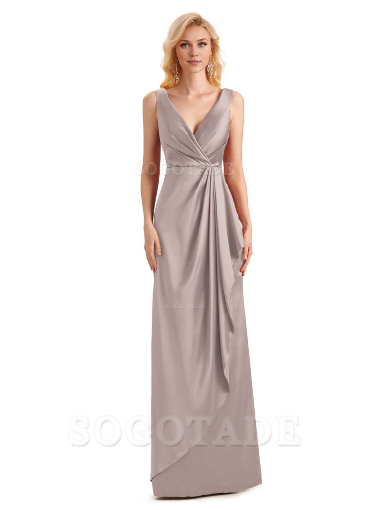 V Neck Elegant Soft Satin Formal Long Maid Bridesmaid Dresses Formal Wear Dresses