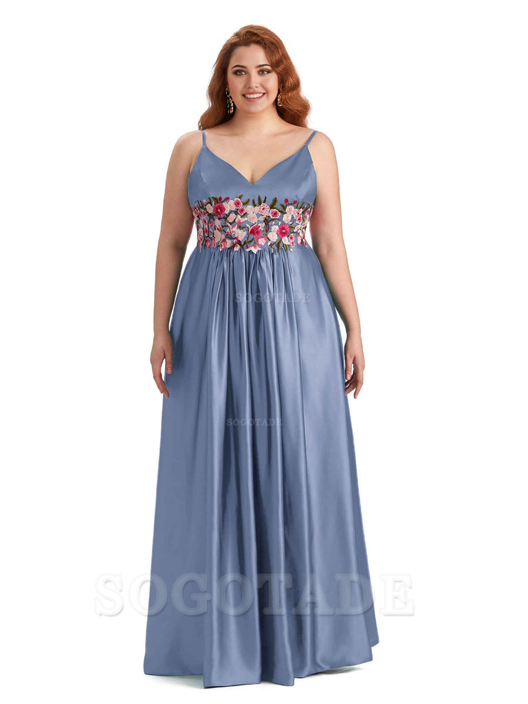 Unique Lace Spaghetti Straps Sleeveless Soft Satin Long Plus Size Bridesmaid Dress For Wedding