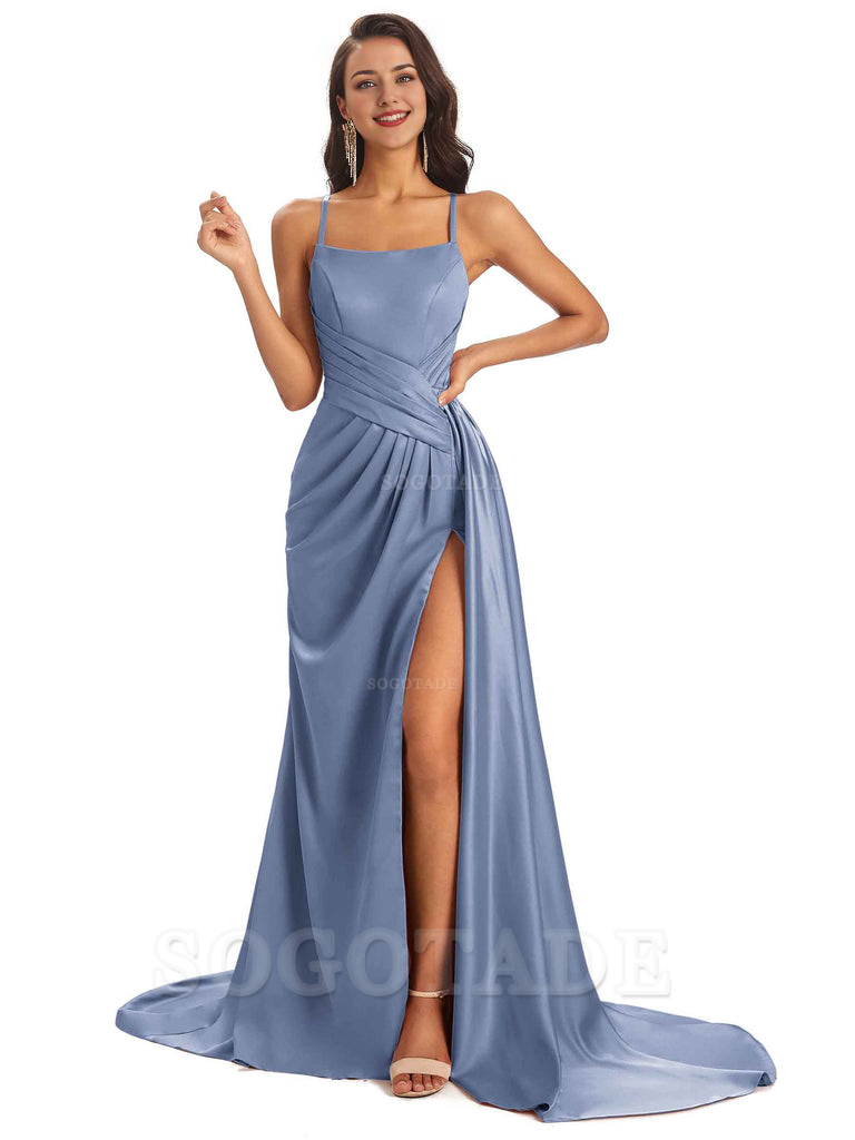 Sexy Soft Satin Side Slit Spaghetti Straps Long Maxi Bridesmaid Dresse