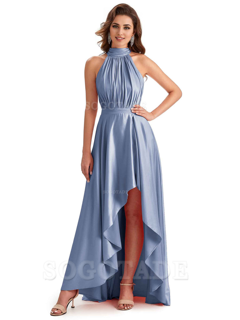 Soft Satin High Neck High Low A-Line Unique Bridesmaid Dresses Online