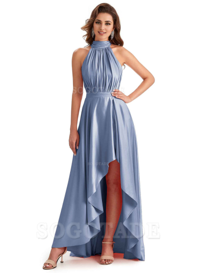 Soft Satin High Neck High Low A-Line Unique Bridesmaid Dresses Online