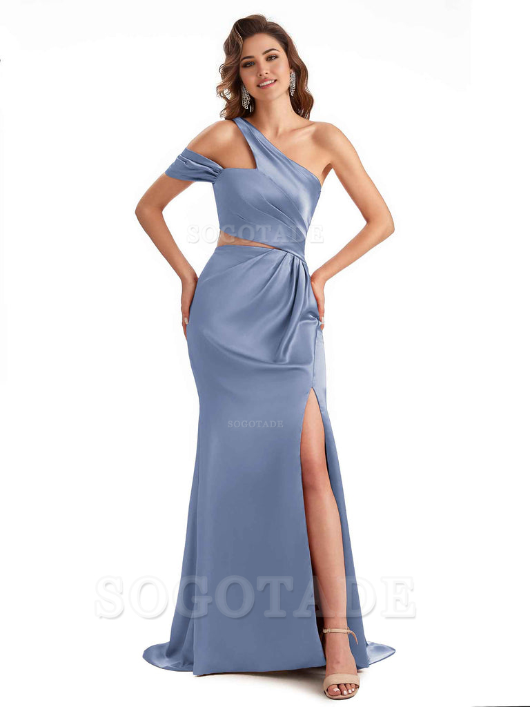 Sexy Side Slit Mermaid Soft Satin One Shoulder Long Unique Bridesmaid Dresses